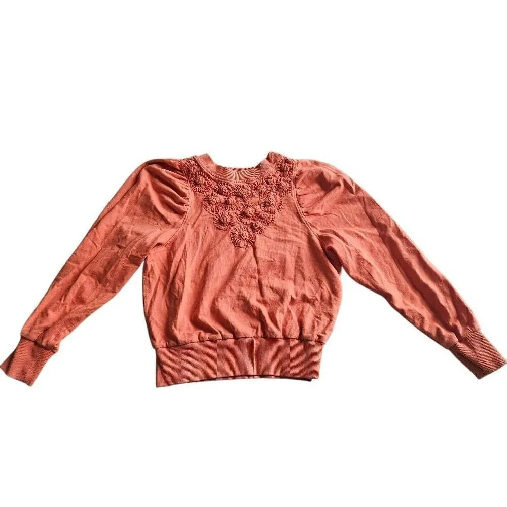 Anthropologie daily practice Sz S orange puff sweatshirt 3D floral